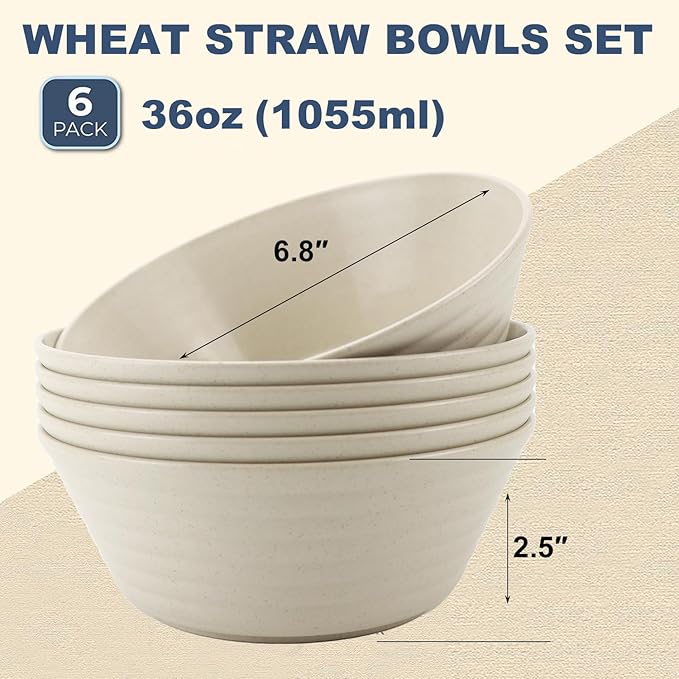 Wheat Straw Bowl Sets,6 PCS Unbreakable Cereal Bowl 36 OZ,Microwave and Dishwasher Safe Bowls,Soup Bowl Sets for Serving Soup,Oatmeal and Salad (Beige)
