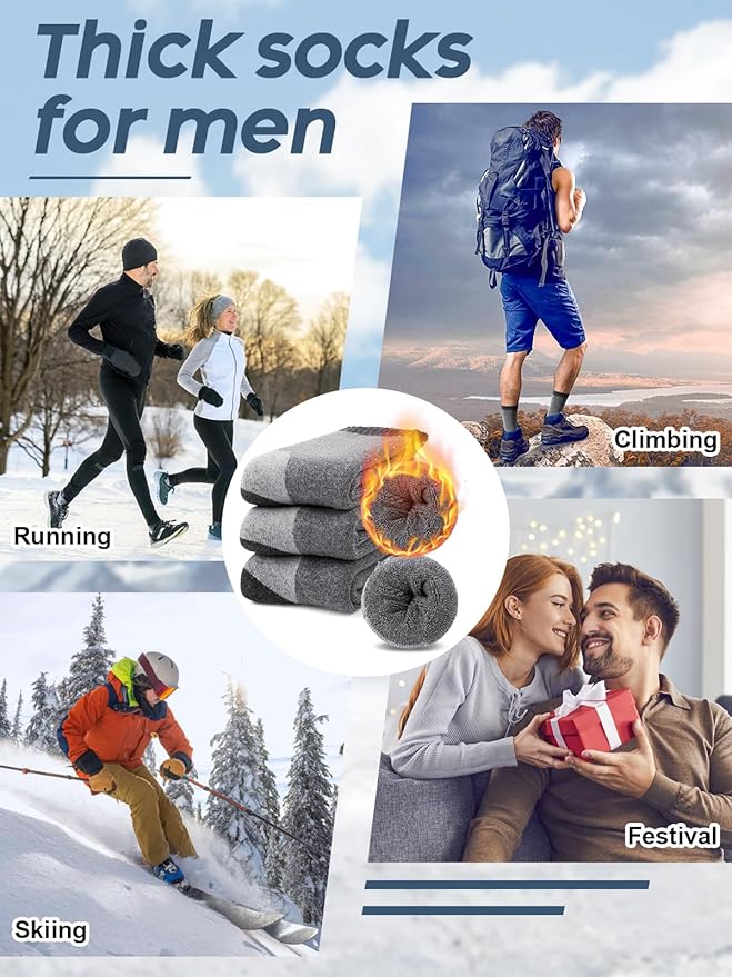 Senker Fashion Merino Wool Hiking Socks for Men, Warm Crew Socks W/Cushion Moisture Wicking for Trekking Work Outdoor