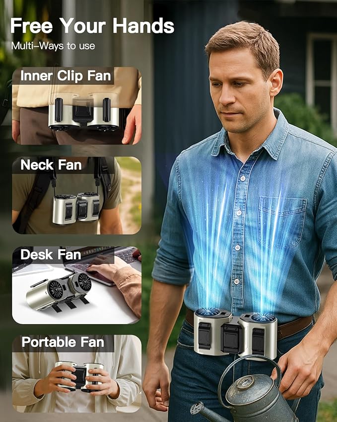 Andwing Portable Waist Fan Rechargeable, Detachable Dual Motors Personal Fans 5 Speeds 20000RPM Strong Airflow, 10000mAh 24H Runtime, Portable Neck Fan, Waist Belt Clip Fan (Grey&Black)