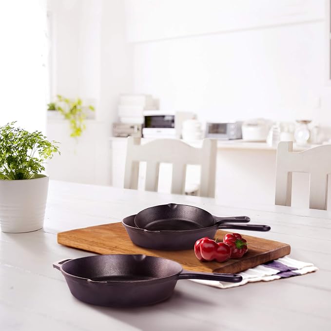 Cuisinel Cast Iron Skillet Set - 3-Piece: 6" + 8" + 10"-Inch Chef Frying Pans - Pre-Seasoned Oven Safe Cookware + 3 Heat-Resistant Handle Covers - Indoor/Outdoor Use - Grill, Stovetop, BBQ, Fire Safe