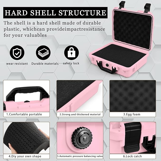 14.3 x 11.4 x 4.5 Inch Waterproof Hard Case with DIY Customizable Foam Insert Portable Protective Case with Knife for Camera Drones Equipments Tools Test Instruments (Pink)