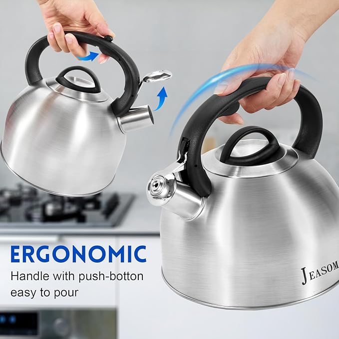 Tea Kettle Stovetop - Food Grade Stainless Steel Whistling Tea Pot with Ergonomic Handle, Unique Button Control Kettle Outlet, Can Be Used in the Kitchen or Camping, 3.1 Q/3L