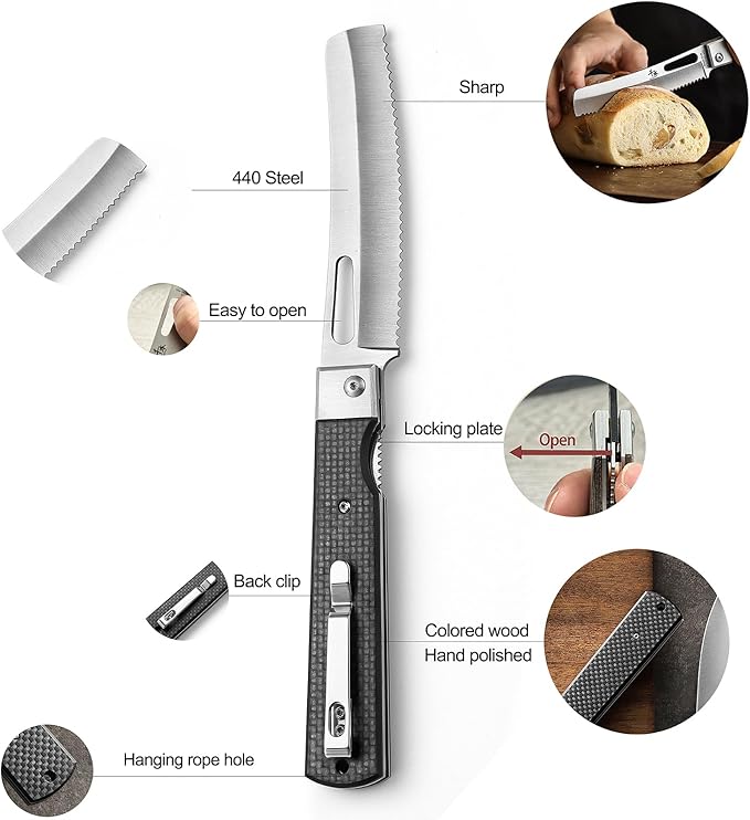 SENBON 440 stainless steel folding bread knife with carbon fiber handle camping barbecue outdoor back clip bread knife