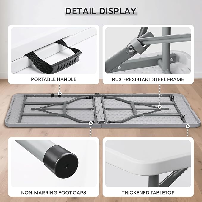 72' Folding Table, Collapsible Camping Table, Rectangular Picnic Table with Steel Frame, Stable Legs Design, Easy Carry and Storage, Plastic Outdoor Folding Tables for Indoor Outdoor, Gray