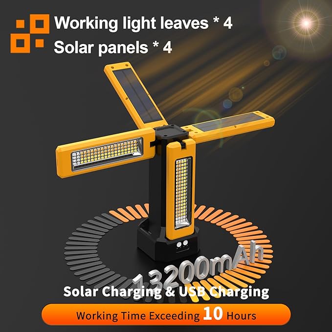 13200mAh Rechargeable Solar Work Light,IPX4 Waterproof with Folding Stand Support and Portable Carrying Bag, 8000 Lumen Stepless Dimmable, 4 Lighting Modes, White/Warm/Warm White (Standard)
