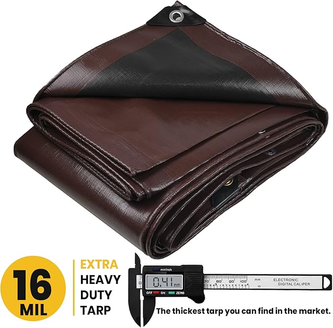 PROTARP Extra Heavy Duty 16 Mil Tarp Cover, Waterproof, UV Resistant, Rip and Tear Proof, Poly Tarpaulin with Reinforced Edges for Roof, Camping, Patio, Pool, Boat. (Brown/Black 12′ X 12′)