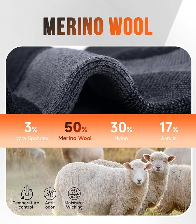 PULIOU Merino Wool Hiking Socks for Men & Women, 3 Pairs Cushioned Moisture Wicking Crew Boot Socks for Work & Outdoors