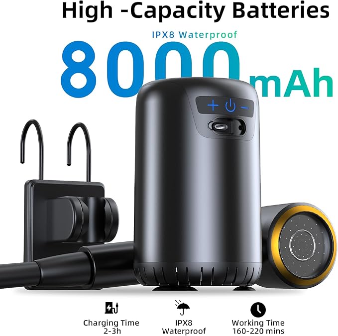 Portable Camping Shower, Upgraded Outdoor Shower with Fahrenheit Display & 8000mAh Rechargeable Battery Pump IPX8 Waterproof for Camp, Hiking, Car Washing