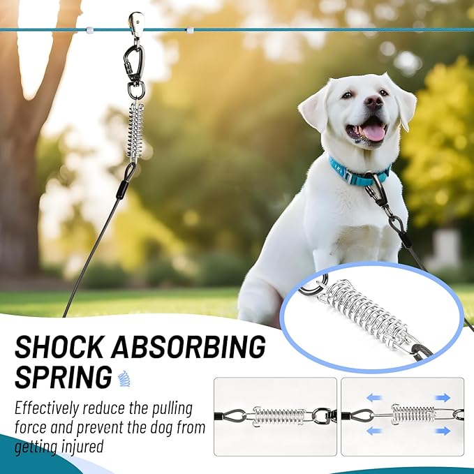 Dog Runner for Yard, Heavy Duty 50FT Dog Runs for Outside with 10FT Tie Out Cable, Trolley System Zipline for Large Dogs Up to 250lbs, Chew Proof Run Cable for Camping