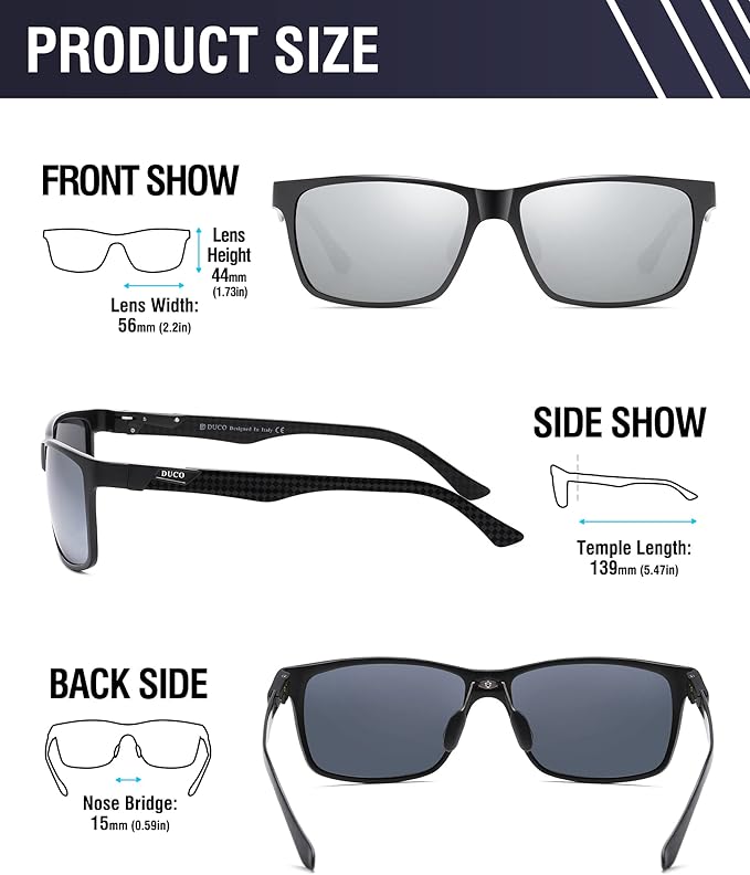 DUCO Mens Sunglasses Polarized Rectangle Sunglass for Men Lightweight Carbon Fiber UV400 Protection 8206