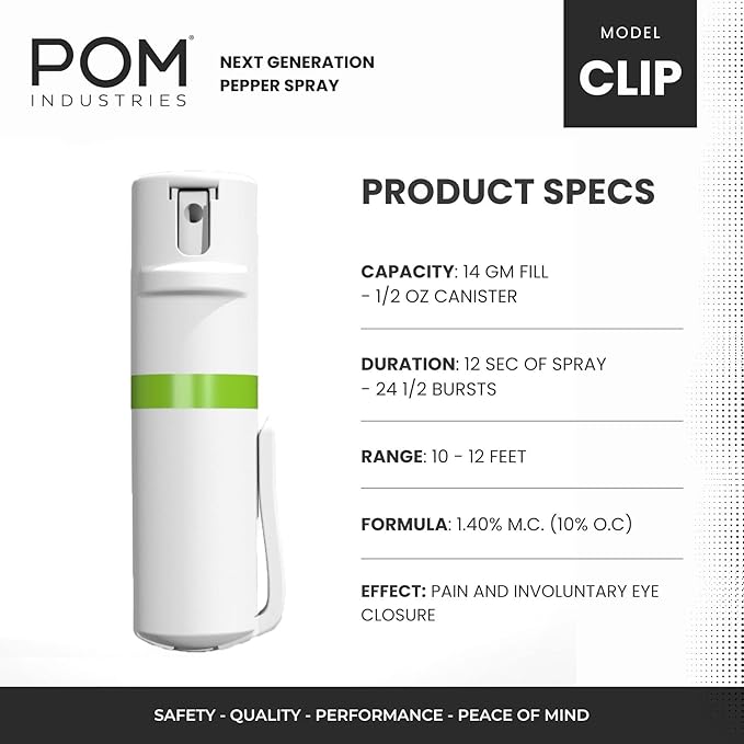 POM Pepper Spray Pocket Clip, Quick Flip Top Safety, Maximum Strength OC Formula with UV Marking Dye, Safe Compact and Tactical Design for Everyday Carry, 25 Bursts, 10 ft Range, 0.5 fl oz