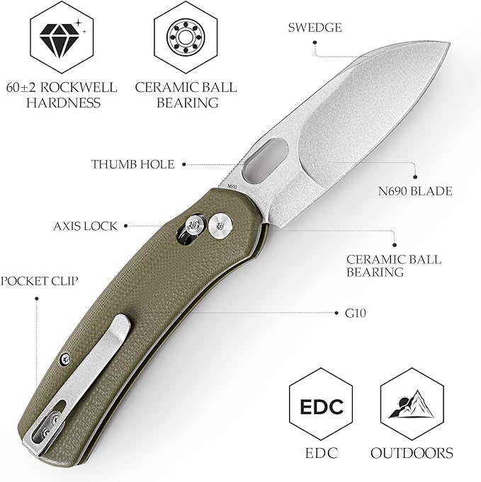 Lamb-03G, Folding Pocket EDC Knife for Men, Crossbar Lock,3” N690 Steel Blade,Black G10 Handle,Outdoor Camping Tool