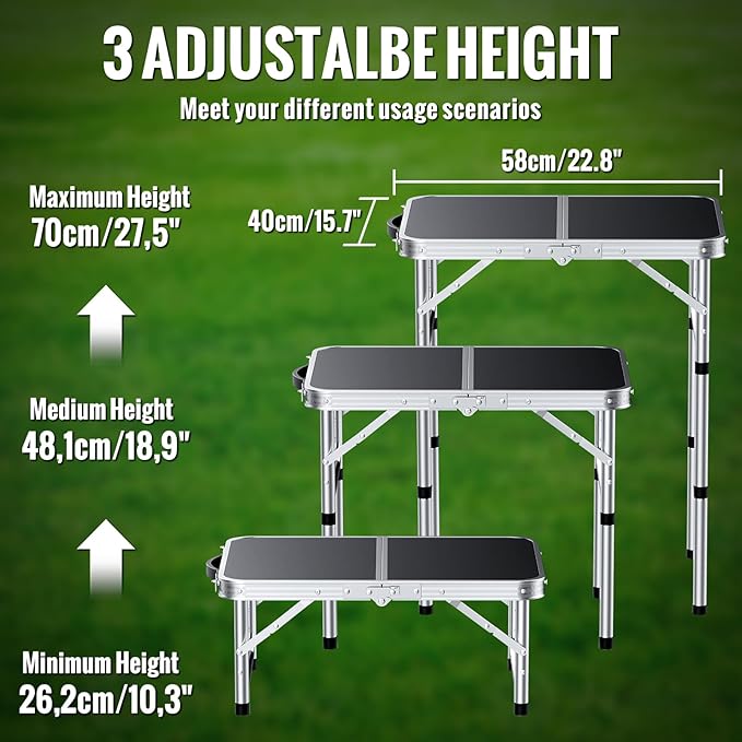 GARLLEN 2ft Folding Camping Table, Portable Picnic Table with 3 Adjustable Height, Lightweight Aluminum Outdoor Table for BBQ, Camping, Dinning, 22.8" L x 15.7" W, Silver