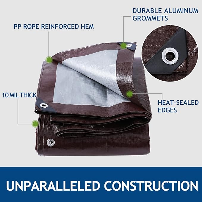 10 Mil Heavy Duty Waterproof Tarps, 10x20 Ft Finished Size Tarps, Premium Tarp with Metal Grommets & Reinforced Edge, Multipurpose Thick Poly Tarp for Car, Boat, Roof, Camping - Brown