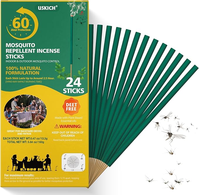 24 Naturals Mosquito Repellent Incense Sticks|Citronella Oil DEET Free Organic Mosquito Barrier Repeller for Backyard Patio Travel Camping Indoors Outdoor Gnat Mosquito Control | 2.5 Hour Protection