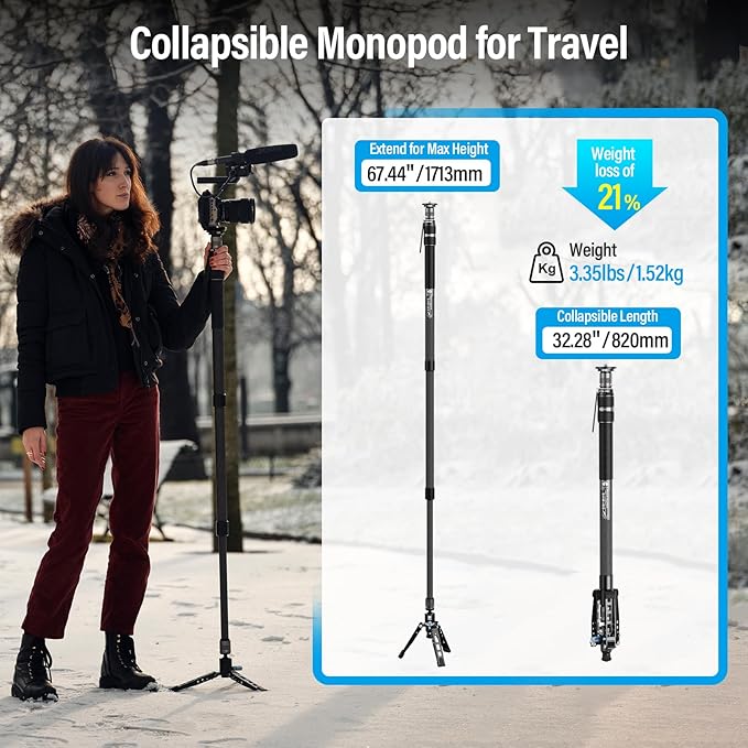 SIRUI SVM-165 Rapid Monopod for Cameras, 65” Carbon Fiber Monopod with Feet, One-Step Rapid Height Adjustment, Lightweight Travel Mono pod for DSLR Camera, Modular 3 in 1, Max Load 22lbs