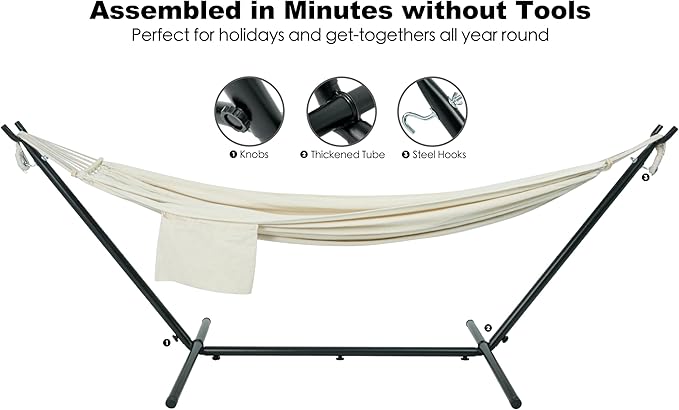 Double Hammock with Stand for Outside, Upgraded Spreader Bar, Heavy Duty Space Saving Steel Stand 2 Person, Convenient Pocket, Easy Assembly, 600lbs Weight Capacity, Indoor & Outdoor (Natural