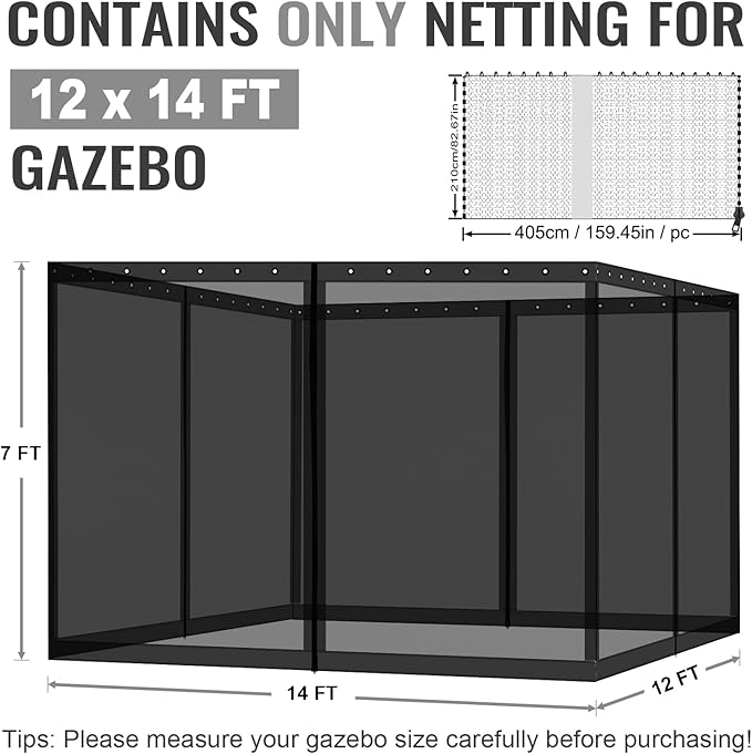 COWVIE Gazebo Replacement Netting Screen, 12' x 14' Universal Gazebo 4-Panel Mosquito Sidewalls with Double Zippers for Outdoor Patio (Only Netting)