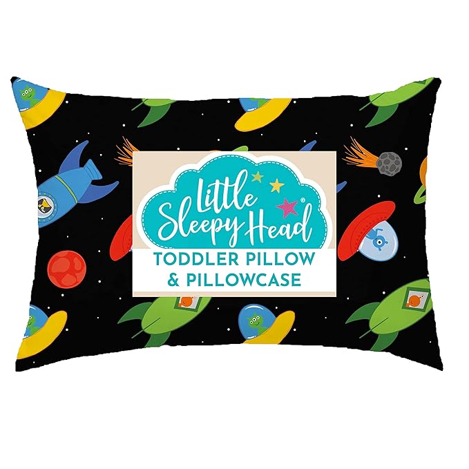 Little Sleepy Head Toddler Pillow with Pillowcase 13x18 - Kids Pillow for Sleeping - Better Neck Support Ergonomic Pillow and Toddler Pillowcase - Best Pillows for Kids (Space 'N Rockets)