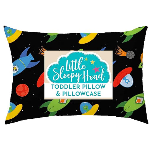 Little Sleepy Head Toddler Pillow with Pillowcase 13x18 - Kids Pillow for Sleeping - Better Neck Support Ergonomic Pillow and Toddler Pillowcase - Best Pillows for Kids (Space 'N Rockets)