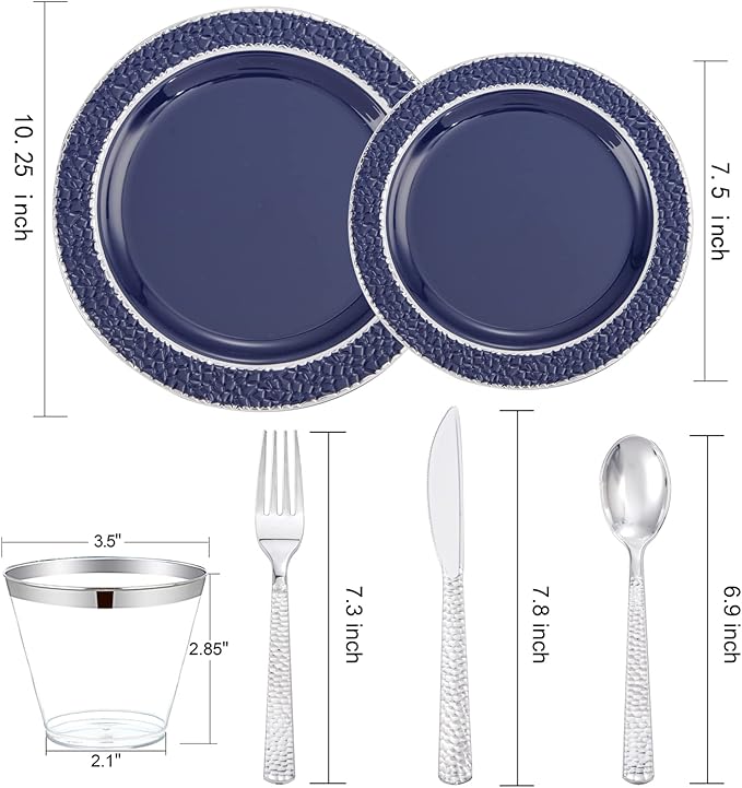 Ciaell 150 PCS Blue and Silver Plastic Plates - Blue Disposable Plate include 50 Plates, 25 Knives, 25 Forks, 25 Spoons, 25 Cups for Weddings & Party & Graduation