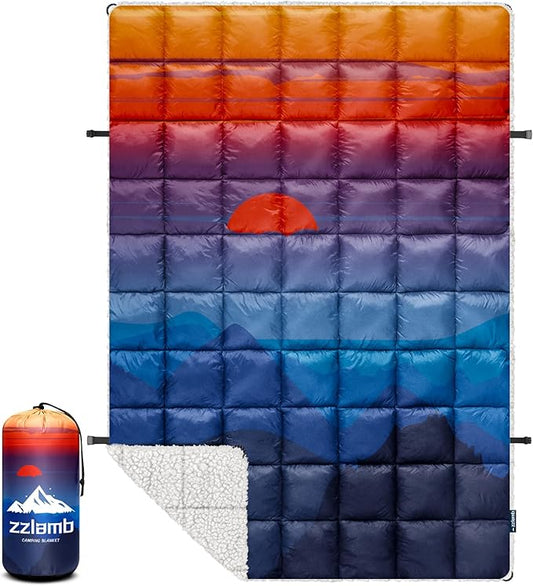 zzlamb Sherpa Puffy Camping Blanket,Packable Outdoor Warm Wearable Fleece Blankets for Cold Weather,Thick Camp Quilt with Sherpa Lining for Sleeping,Traveling,Backpacking,Picnics,Beach,Stadium 52x75in