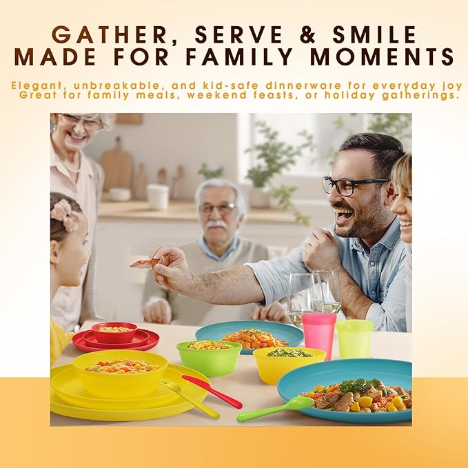 Tropical Plastic Dinnerware Set – 40-Piece Colorful Unbreakable Plates and Bowls Set for 8 with Cups, Forks, Knives, Spoons – Reusable Kids Dishes for Birthday Party, Camping, Picnic, Everyday Use