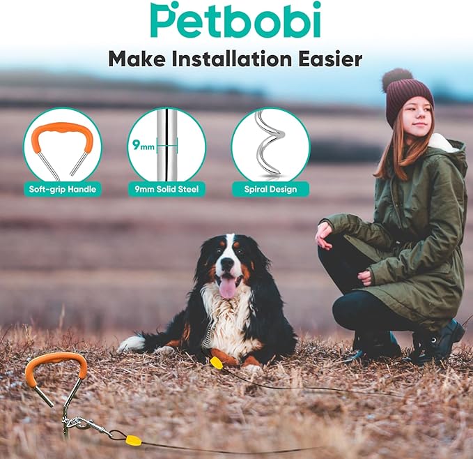 Petbobi Dog Tie-Out Cable and Stake - 50ft Heavy Duty Cable with Spring, No Tangle, 16in Ground Stake, Ideal for Yard, Camping and Beach, Suitable for Medium to Large Dogs Up to 120 lbs, Black