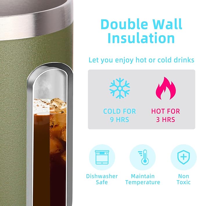 Volhoply 14oz Insulated Stainless Steel Coffee Mug with Leakproof Lid,Double Wall Vacuum Travel Coffee Cup with Handle,Reusable Cups Tumbler,Camping Mugs Keep Hot,Ideal Gifts(Army Green,1)
