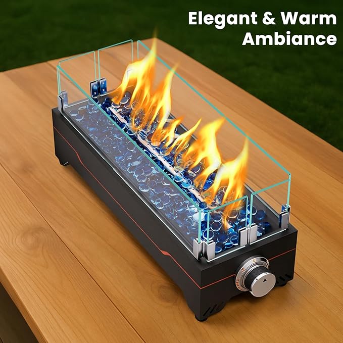 GRISUN Tabletop Fire Pit,20 Inch Propane Fire Pit Table,40000 BTU Table Top Firepit with Glass Wind Guard,Stainless Steel Burner,Fire Glass,Portable Propane fire Pit for Patio, Camping, Backyard & RV