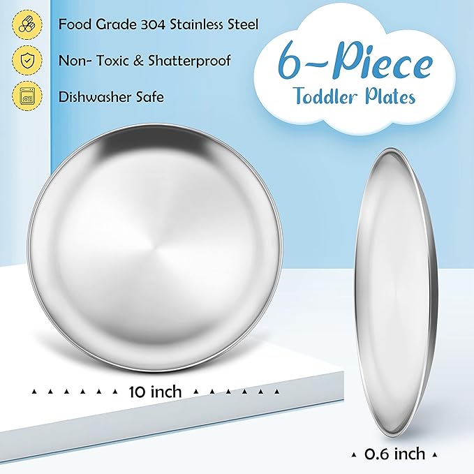 HaWare 6-Piece 18/8 Kids Plates, Stainless Steel 304 Dinner Dishes for Toddlers Children, 10 Inches Feeding Serving Camping Metal Plates, Reusable Dinnerware, Shatterproof & Non-toxic, Dishwasher Safe