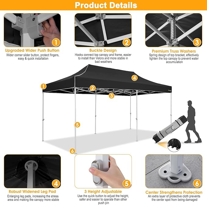 HOTEEL 10x20 pop up Canopy Tent for Parties Heavy Duty Easy Setup Party Tent,Outdoor Commercial Instant Gazebo for Wedding Event, with Roller Bag & Sand Bags,Upgraded Thick Hexagonal Legs,Black