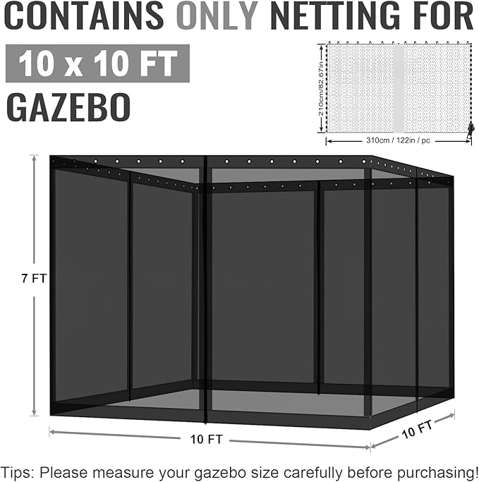 COWVIE Gazebo Replacement Netting Screen, 10' x 10' Universal Gazebo 4-Panel Mosquito Net Sidewalls with Double Zippers for Outdoor Patio (Only Netting)