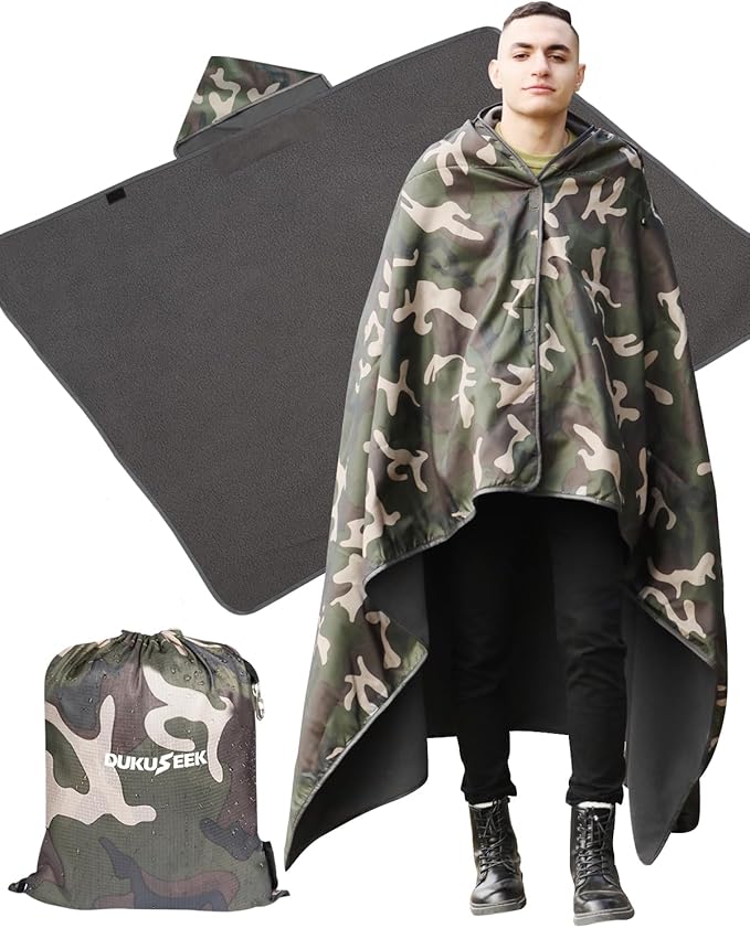 DUKUSEEK Hooded Stadium Blanket, Camouflage Waterproof Windproof Outdoor Fleece Blanket - Large (79x56), Portable, Wearable, Warm for Outdoor Hunting, Sporting Eventsβ¦