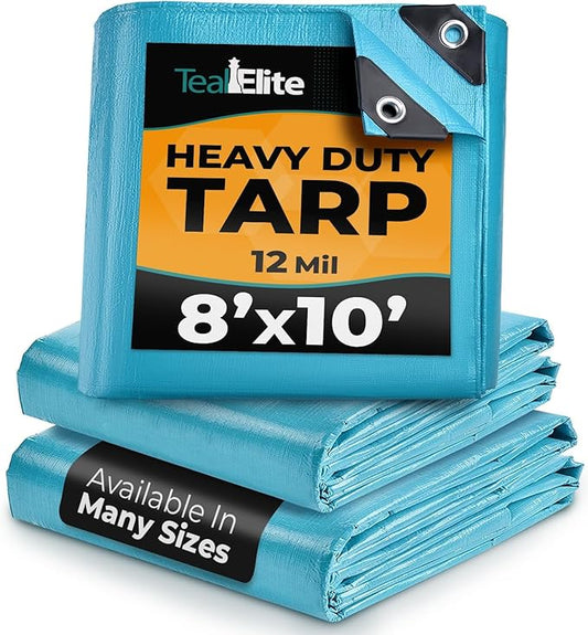 Tarps Heavy Duty Waterproof 8x10-12 mil Thick Camping Tent - Blue Tarp 8x10 UV Resistant, Rip & Tear Proof with Metal Grommets – Multipurpose Use for Camping, Tent, Boat, RV, Car, & Pool Cover