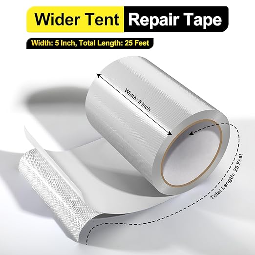 Tent Repair Tape RV Awning Repair Tape, Tent Repair Kit Waterproof Tenacious Adhesive Tape for Fabric, Awning, RV Roof, Tarp, Tent, Sail and Boat Cover (White, 5inch×25FT)