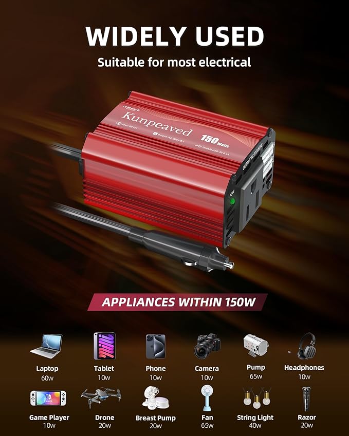 150W Power Inverter DC 12V to 110V Car Charger Converter with Dual USB Ports and AC Outlets for Air Compressor Laptops, Road Trip Accessories (Red)