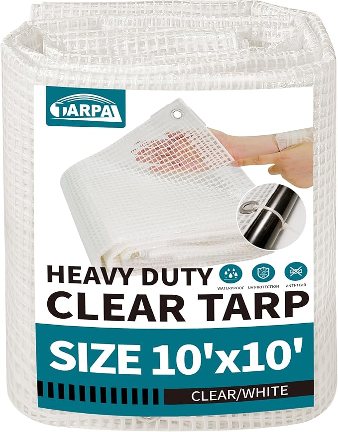 TARPAL 10'x10' Clear White Tarp Heavy Duty Waterproof 12mil with Grommets or Zip Ties for Small Greenhouse for Outdoors Garden,Farm,Chicken Coops