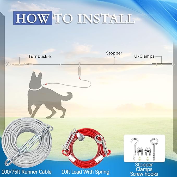 Dog Tie Out Runner for Yard,Trolley System for Large Dogs,Heavy Duty Dog Run Cable 100ft with 10ft Pulley Runner Line for Dogs Up to 125lbs,Yard or Camping