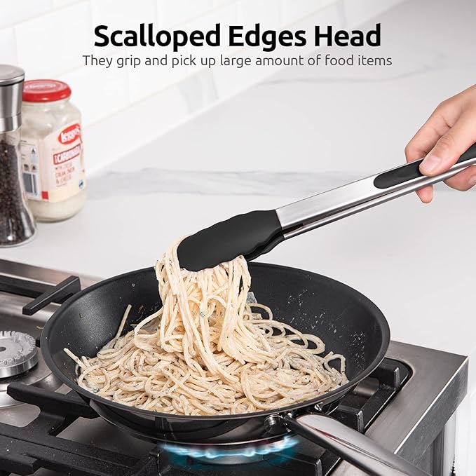 600ºF Heat Resistant Kitchen Tongs: U-Taste 12 inch Large Silicone Cooking Tong with Sturdy Non Stick Rubber Tips & Silicon Coated 18/8 Stainless Steel Handle & Smooth Locking for Serving Grill(Black)