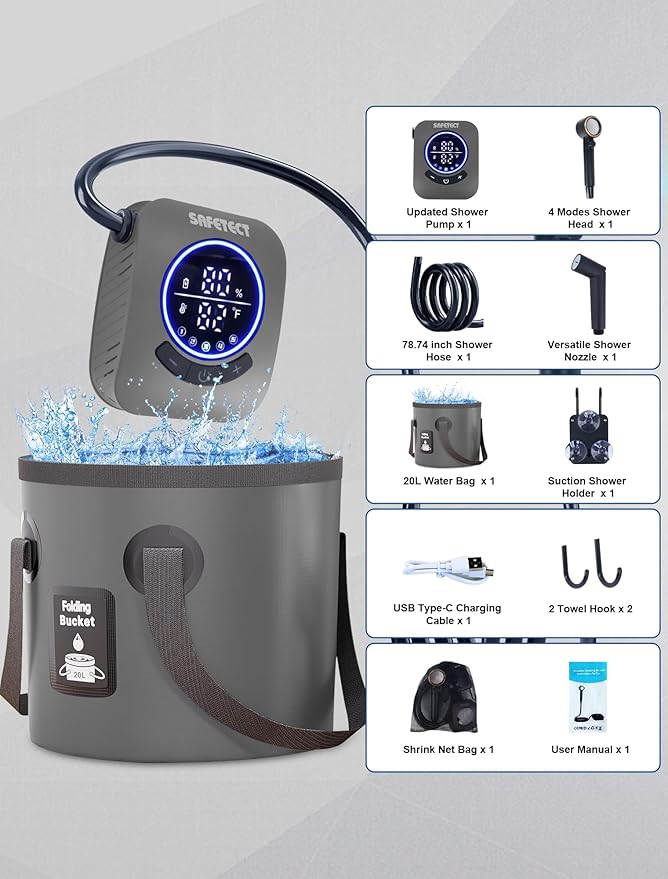 Portable Camp Shower Pump, IPX8 Waterproof, 8000mAh Rechargeable Shower Pump, 5 Speed Mode & 4 Water Mode Camping Shower with 20 L Foldable Bucket, Shower for Hiking,Travel, Pet Bath, Car Wash