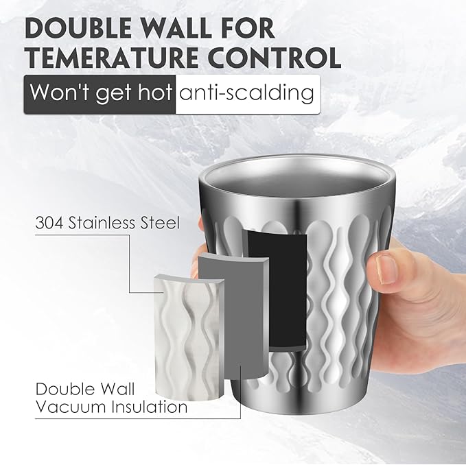 8 Pack Stainless Steel Cups Pint Cup Metal Double Layer Insulated Drinking Beer Water Tumbler Camping Reusable Stackable for Office Party Hot Cold Drink (Silver,8.8oz)