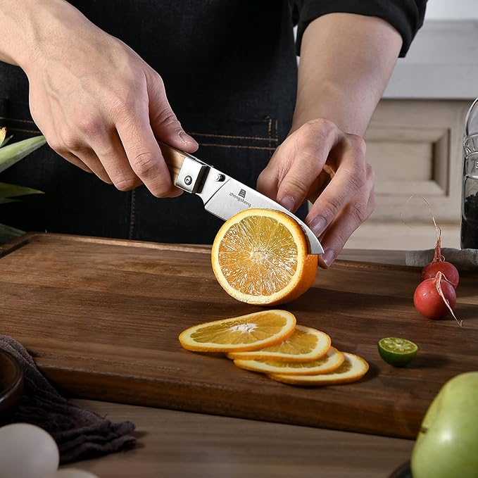 4.5-Inch Folding Kitchen Knife with Ultra Sharp 440A Stainless Steel Blade and Natural Olive Handle for BBQ, Peeling, Outdoor Camping