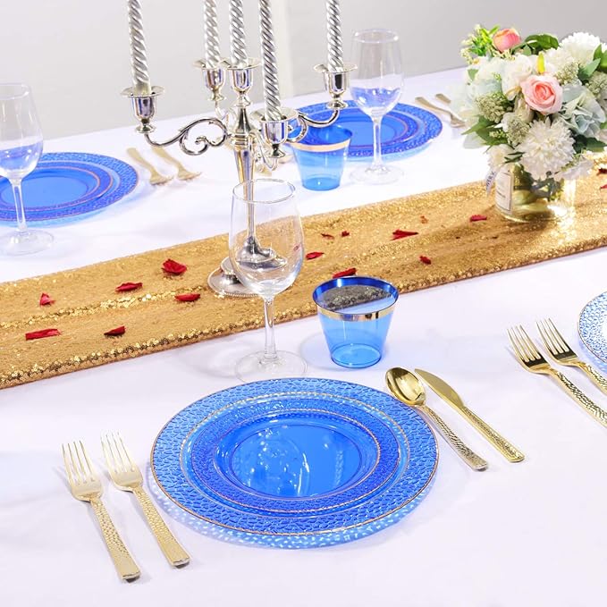 Nervure 102PCS Blue Plastic Plates - Disposable Blue Party Plates Include 51PCS 10.25inch Dinner Plate & 51PCS 7.5inch Dessert Plate for Wedding & Party & Father's Day