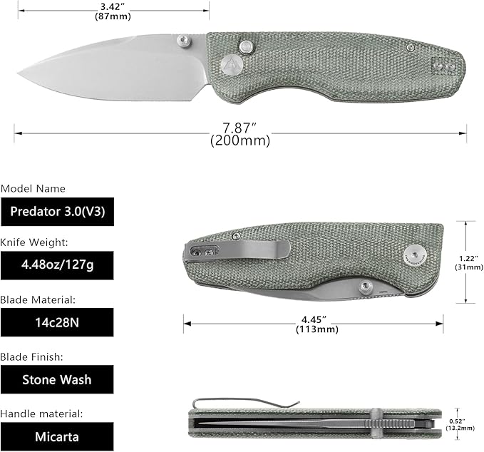 CMB Predator V3 Pocket Folding Knife for EDC with 3.42" Micarta Handle 14C28N Steel Blade Camping Hiking Knife with Pocket Clip for Men Women CMB-19 (CMB-19A)