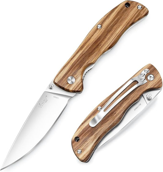 Vickay Pocket Knife for Men, Folding Knife with Clip, 3.74" 8Cr13MoV Steel Blade, Wood Handle EDC Knife for Outdoor Camping,Tactical, Hunting and Fishing Gift (Zebrawood)