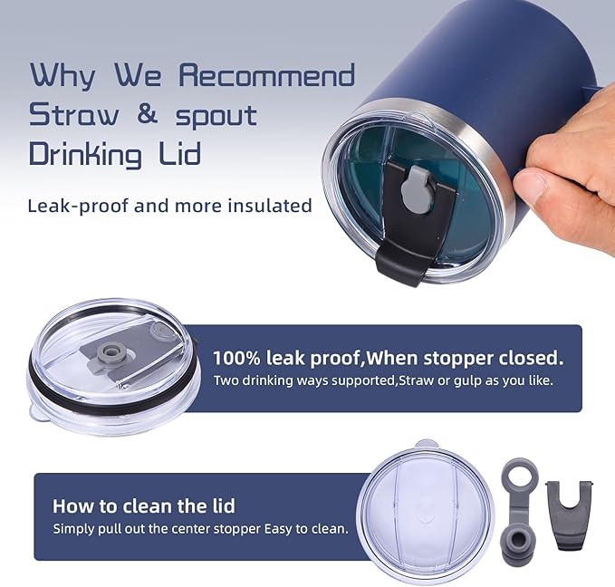 Volhoply 12oz Insulated Leakproof Coffee Mug with Flip & Straw Lid Bulk 4 Pack,Double Wall Vacuum Stainless Steel Travel Tumbler Cup with Handle,Camping Mugs Keep Cold/Hot(Navy,4 Set)