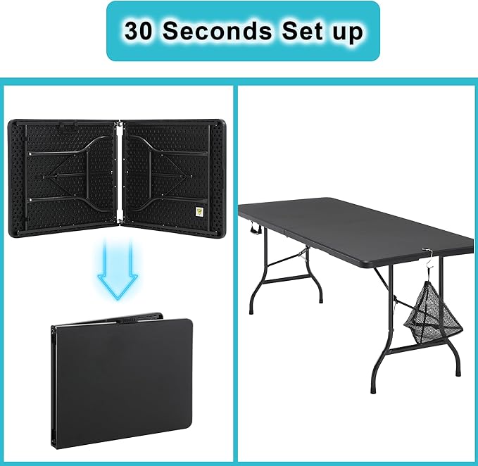 VECELO 6Ft Plastic Folding Table, Indoor Outdoor Portable Picnic Foldable Desk with Handle, Mesh Trash Bag&Lock Legs Heavy Duty for Camping,Dining&Party,Jet Black
