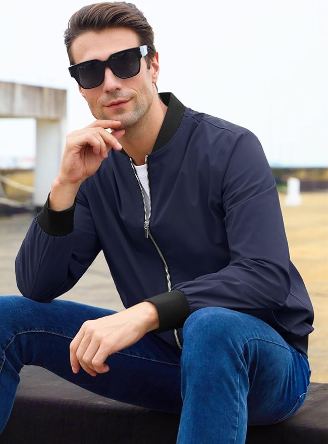 MAGCOMSEN Men's Bomber Jacket Lightweight Casual Zip Up Windbreaker Spring Fall Golf Coat with Pockets