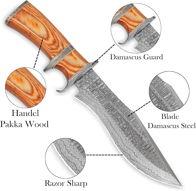 NOORAKI - 15″ Damascus Bowie Knife with Sheath | Hand Made Hunting Knife - Fixed Blade Long Bowie Knives - Ideal for Survival ,Chopping, Camping, Outdoor Gift for Men |Tactical Knife Wood Handle (Brown)